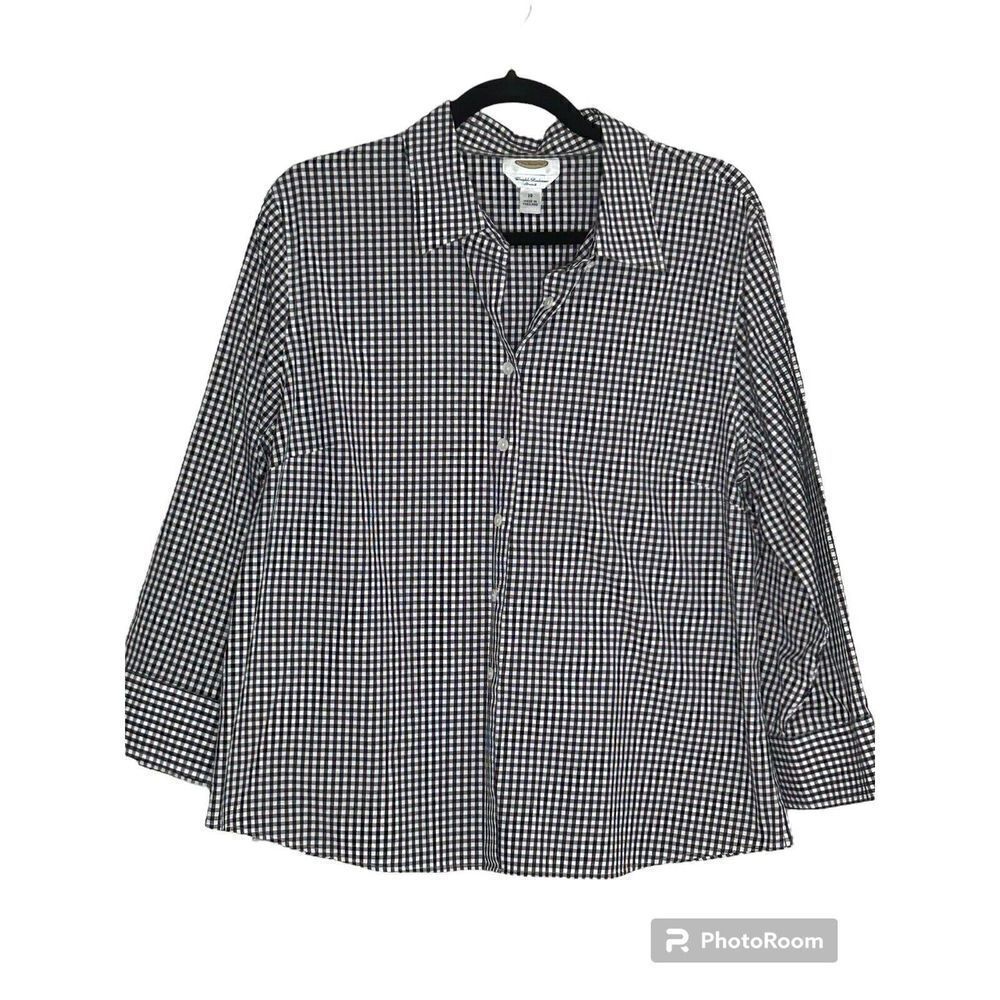 TALBOTS Button Up Plaid Black and White Shirt Size 18 Office Casual